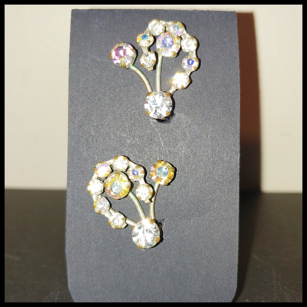 Vintage Aurora Borealis Rhinestone Flower Earrings, marked - Picture 2 of 4
